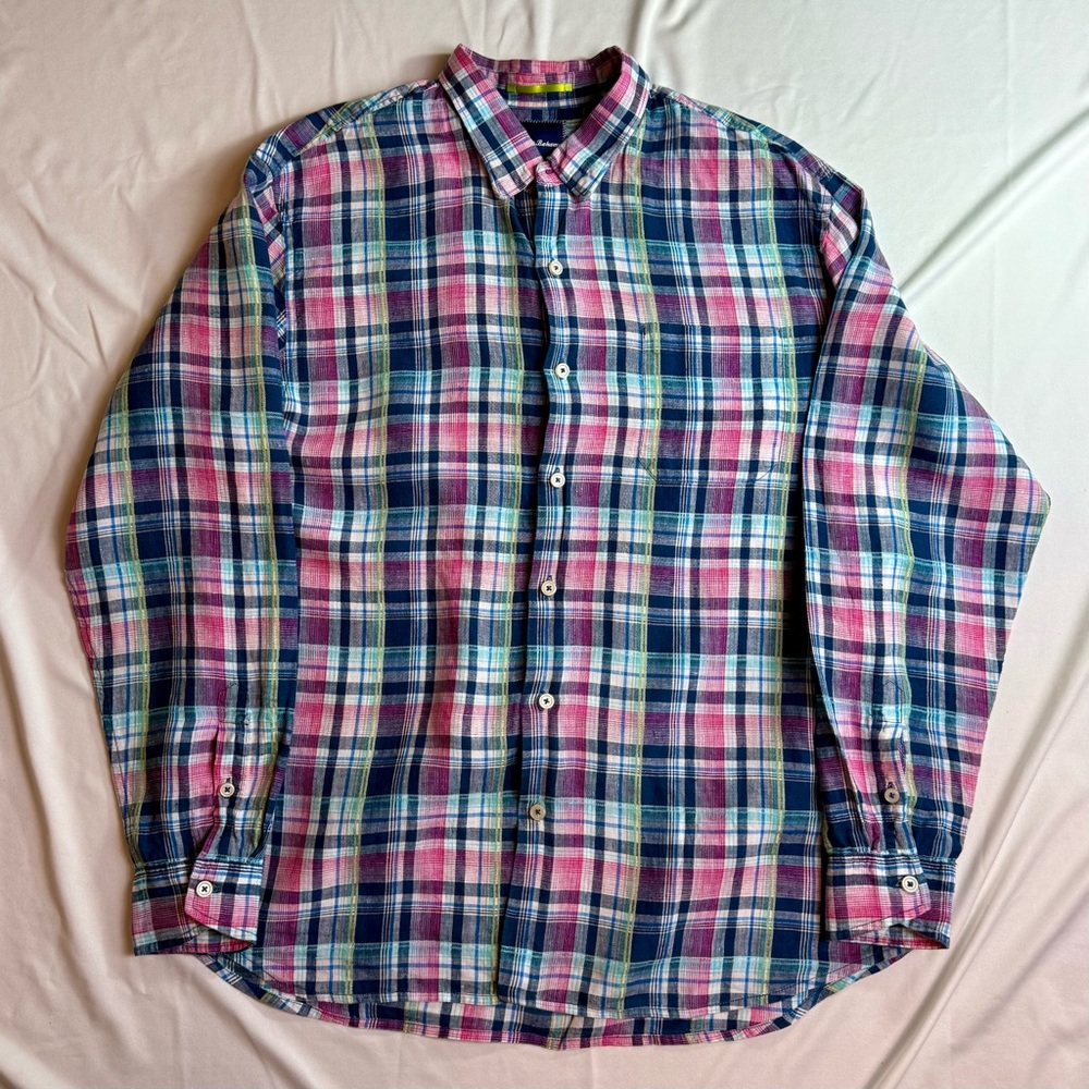 Tommy Bahama Men's 100% Linen Plaid Long Sleeve Button-Up Shirt Casual Size XL